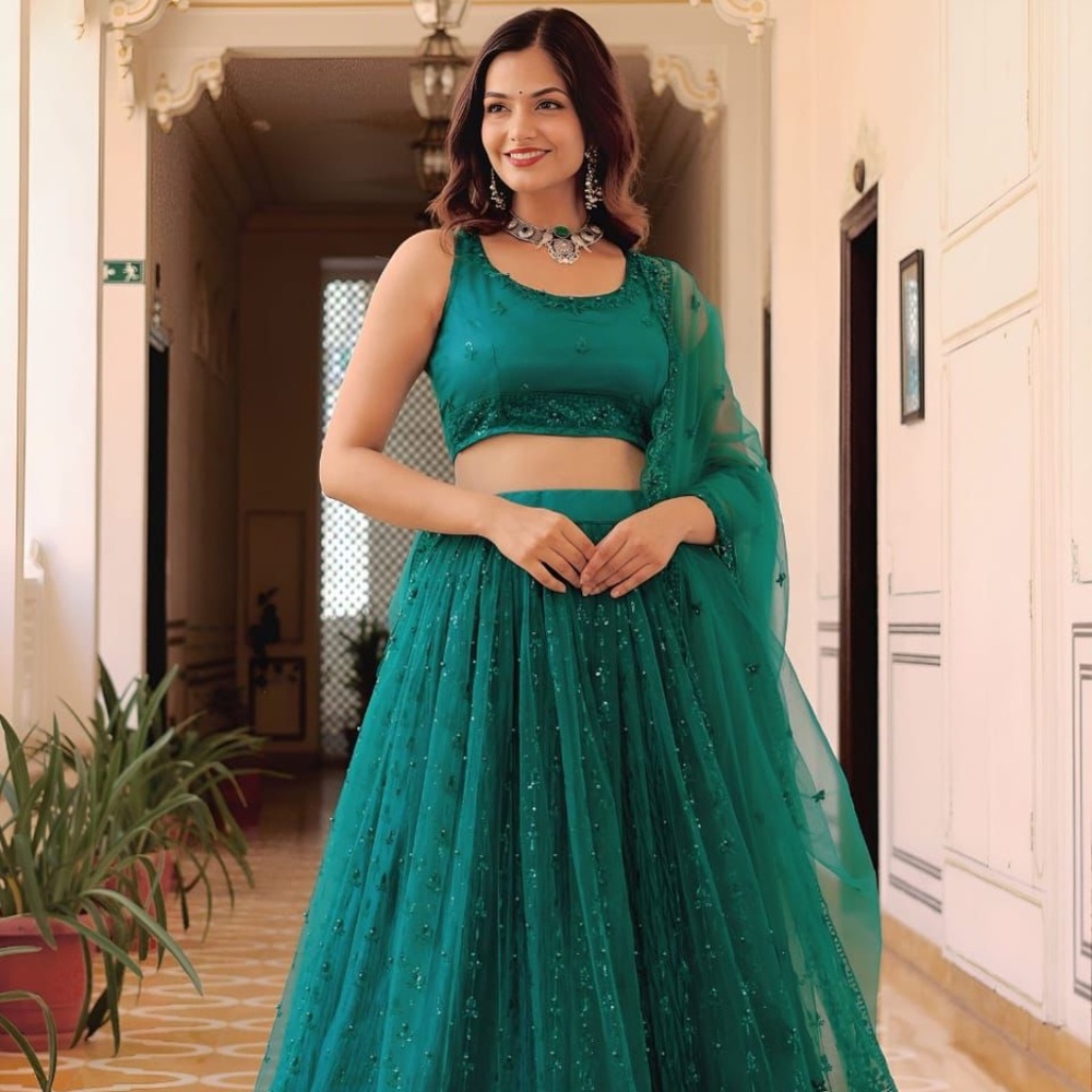 Embellished Net Lehenga Choli Set, Emerald Green,  Wedding Wear with Dupatta